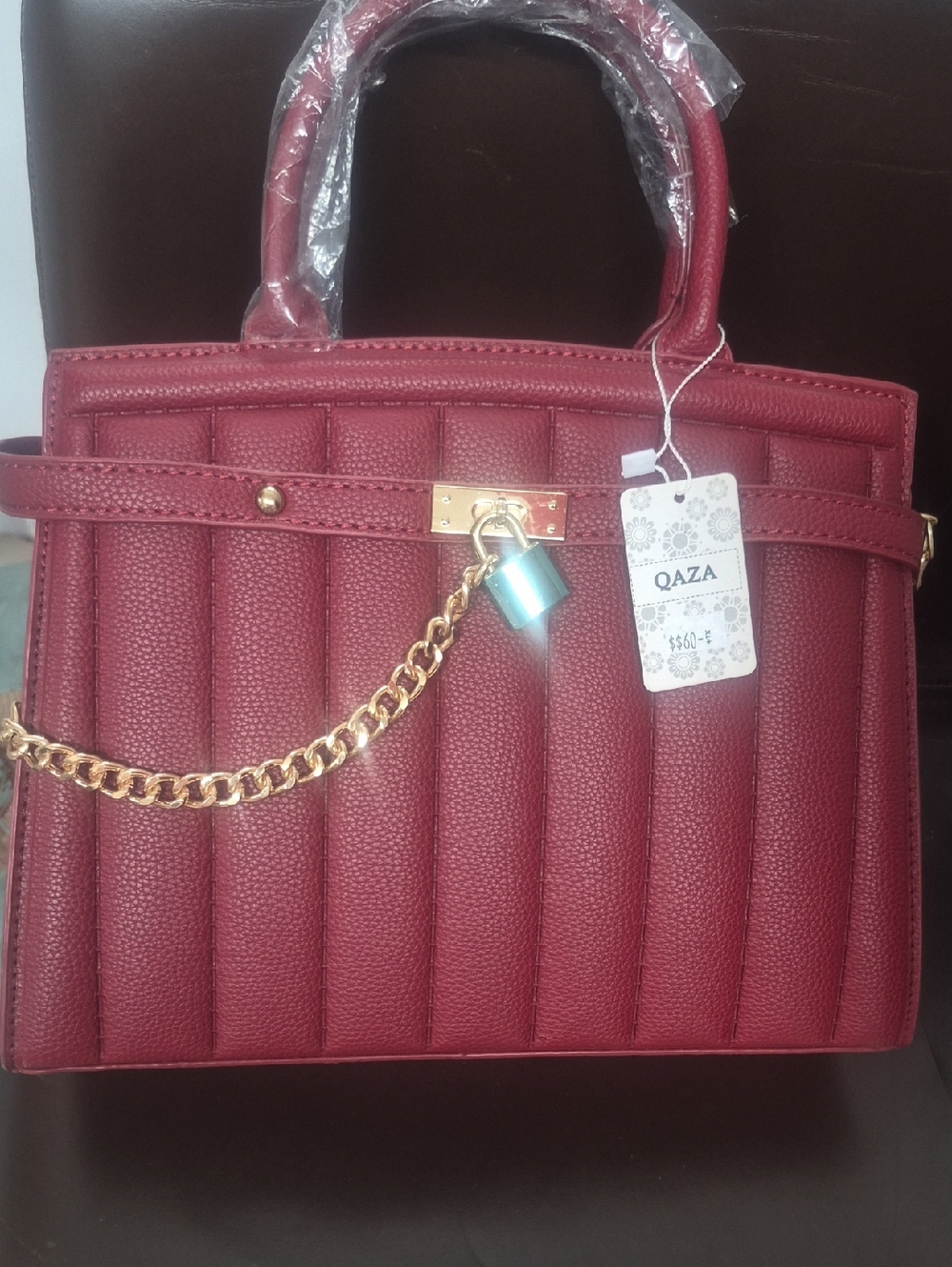 Qaza Red Quilted Satchel with Gold Chain Accent